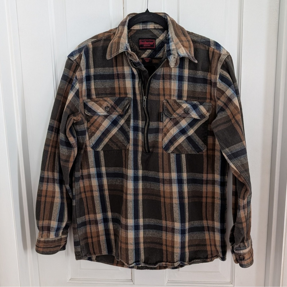 VTG Five Brother Mens 1/2 Zip Heavy Flannel Shirt MEDIUM Plaid Work‎ Wear Layer